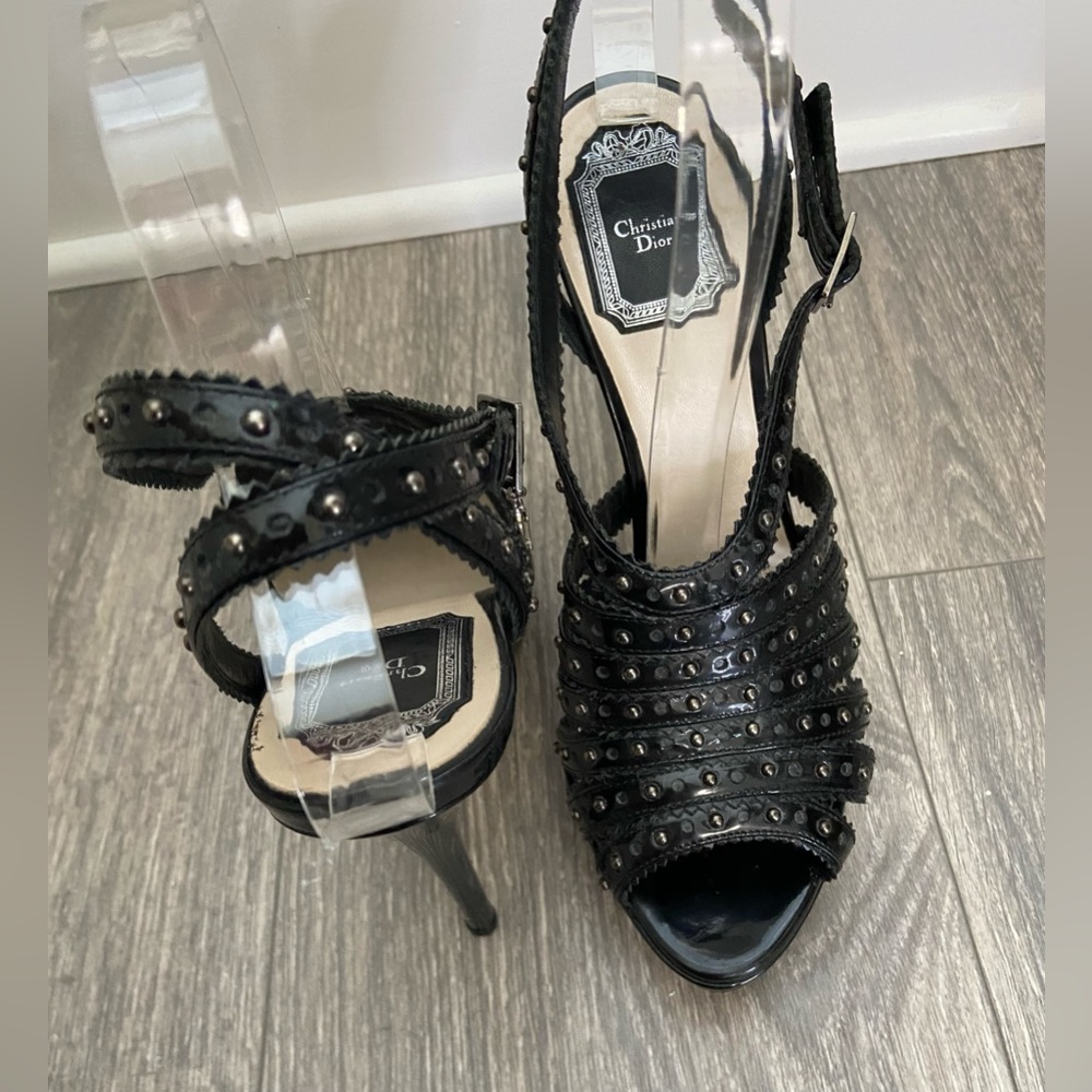 C. Dior Bonnie Black Leather Studded Open Toe Platform High Heels Size 38/ 7 - Picture 11 of 14